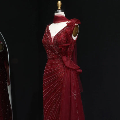 Luxury Beaded Mermaid Evening Dress with Scarf and Overskirt SS189