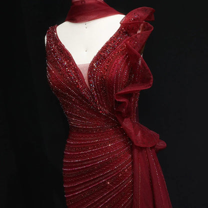 Luxury Beaded Mermaid Evening Dress with Scarf and Overskirt SS189