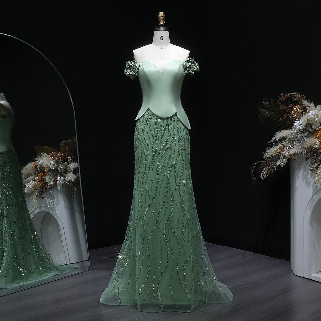 Elegant Green Off-the-Shoulder 3D Floral Sequin Formal Evening Dress SS640