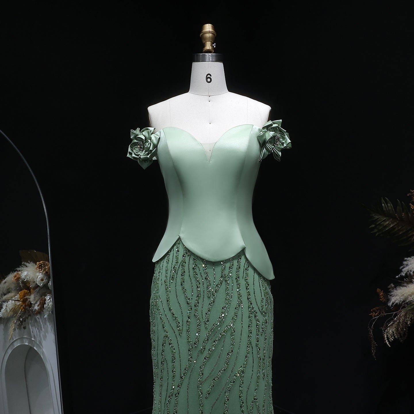 Elegant Green Off-the-Shoulder 3D Floral Sequin Formal Evening Dress SS640