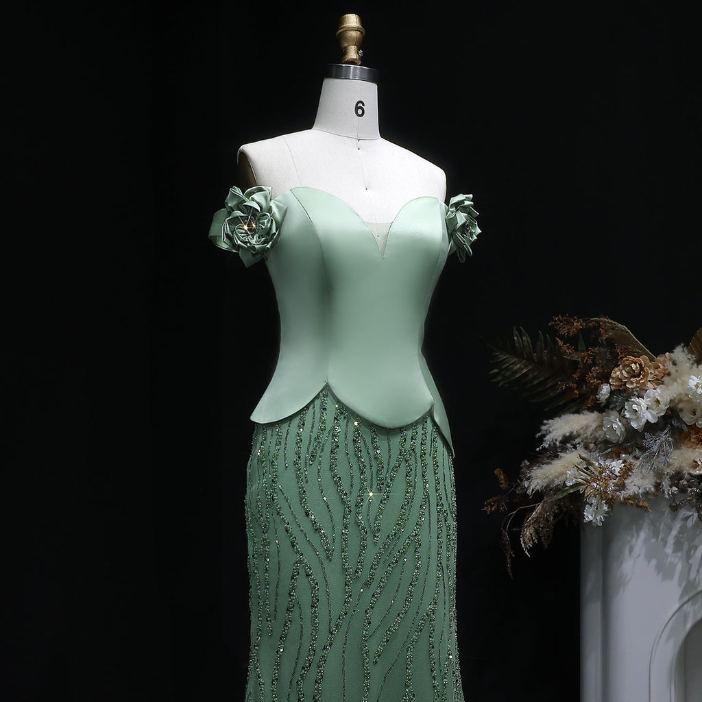 Elegant Green Off-the-Shoulder 3D Floral Sequin Formal Evening Dress SS640