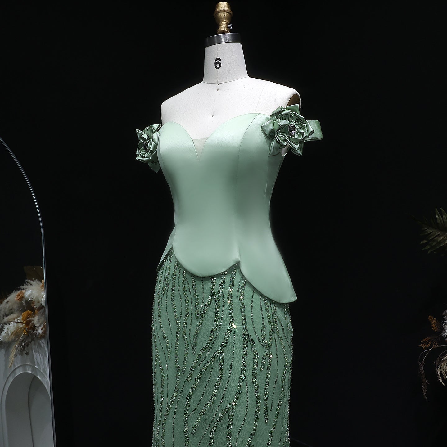 Elegant Green Off-the-Shoulder 3D Floral Sequin Formal Evening Dress SS640