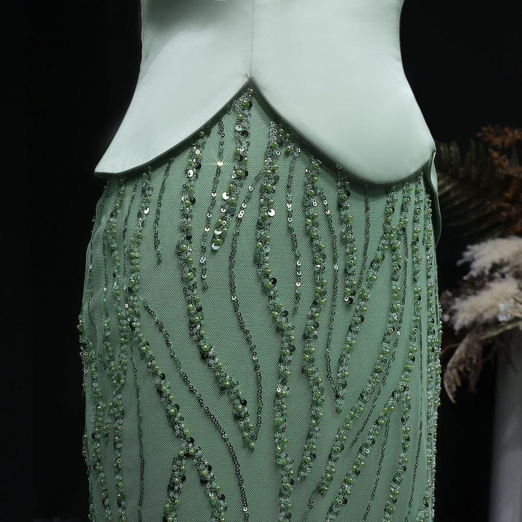 Elegant Green Off-the-Shoulder 3D Floral Sequin Formal Evening Dress SS640