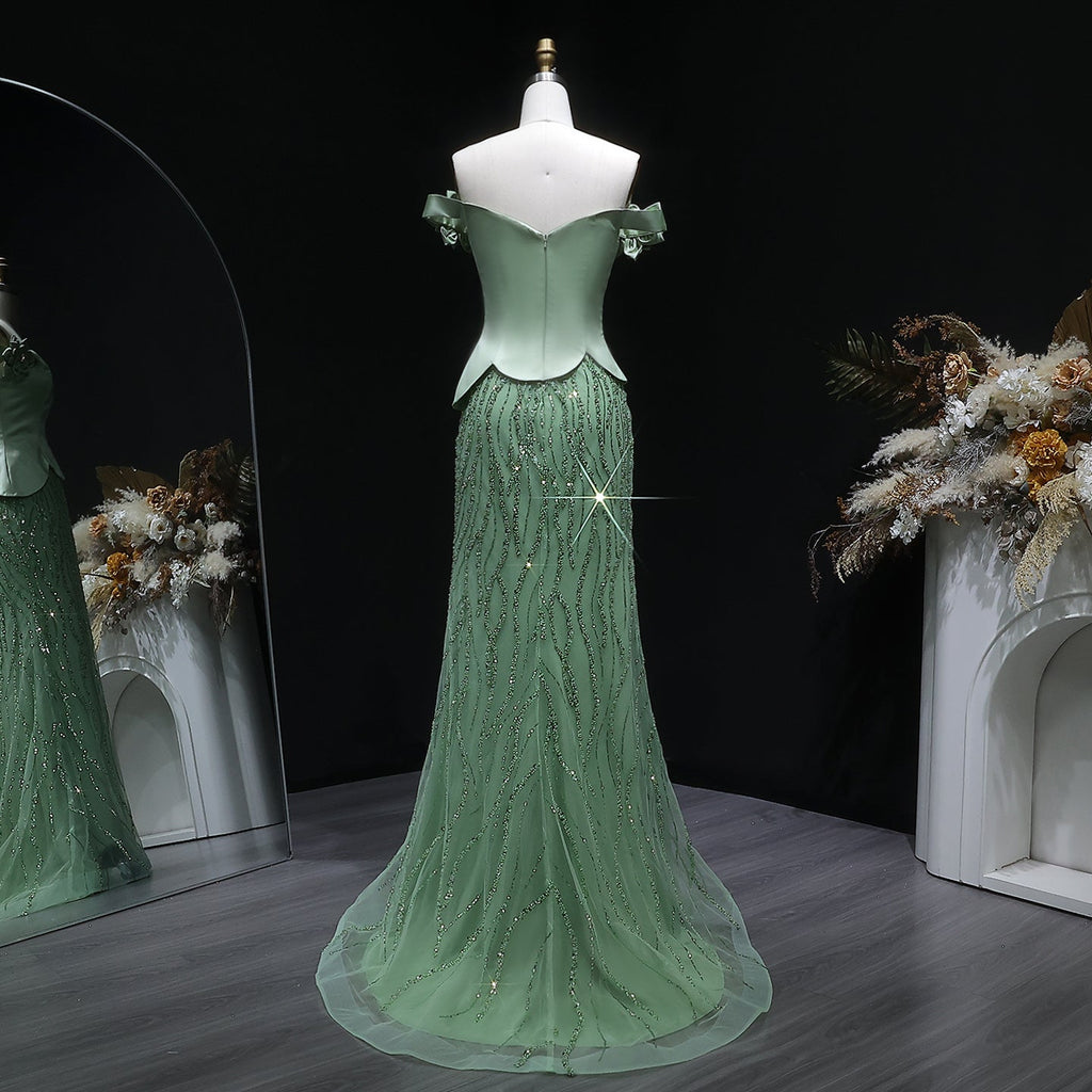Elegant Green Off-the-Shoulder 3D Floral Sequin Formal Evening Dress SS640