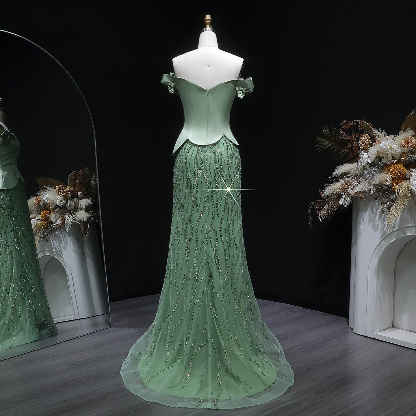 Elegant Green Off-the-Shoulder 3D Floral Sequin Formal Evening Dress SS640