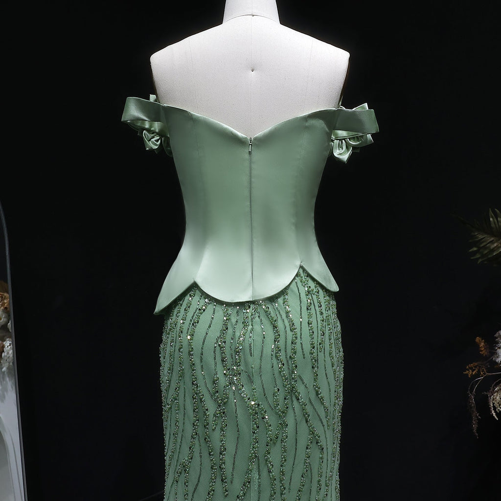 Elegant Green Off-the-Shoulder 3D Floral Sequin Formal Evening Dress SS640