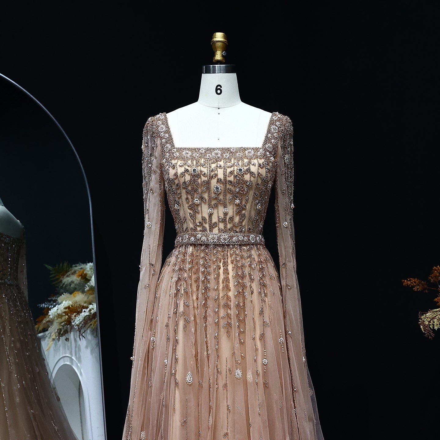 Luxury Beaded Pink Square Neck Cape Sleeves Evening Dress SS494