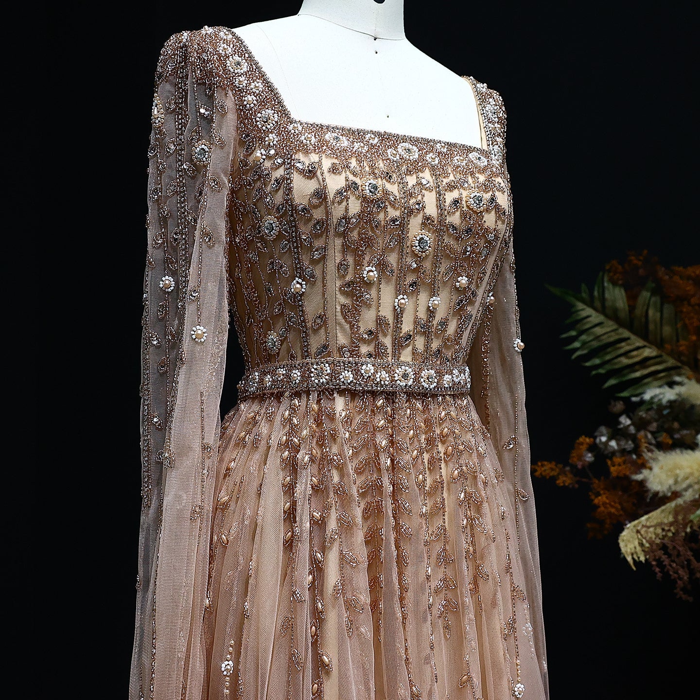 Luxury Beaded Pink Square Neck Cape Sleeves Evening Dress SS494