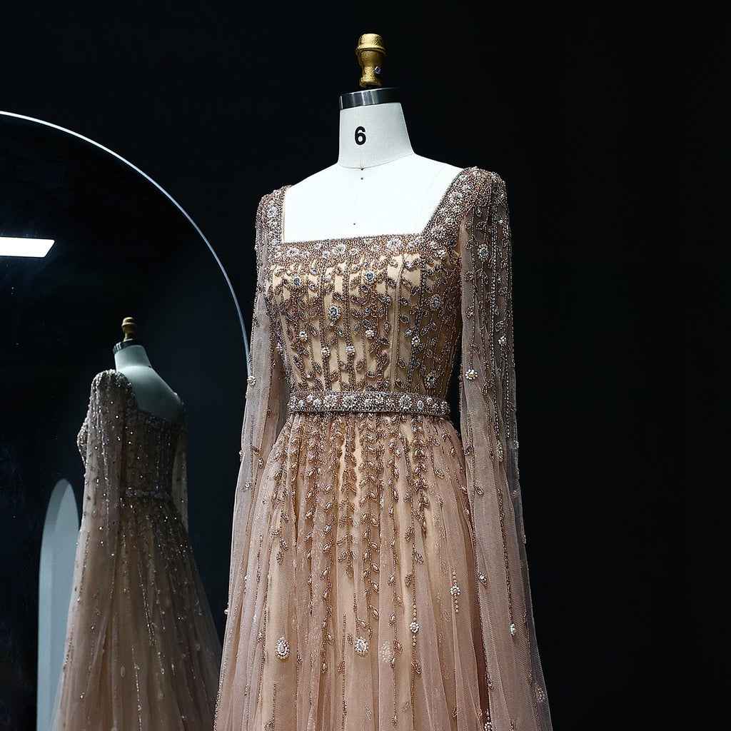 Luxury Beaded Pink Square Neck Cape Sleeves Evening Dress SS494