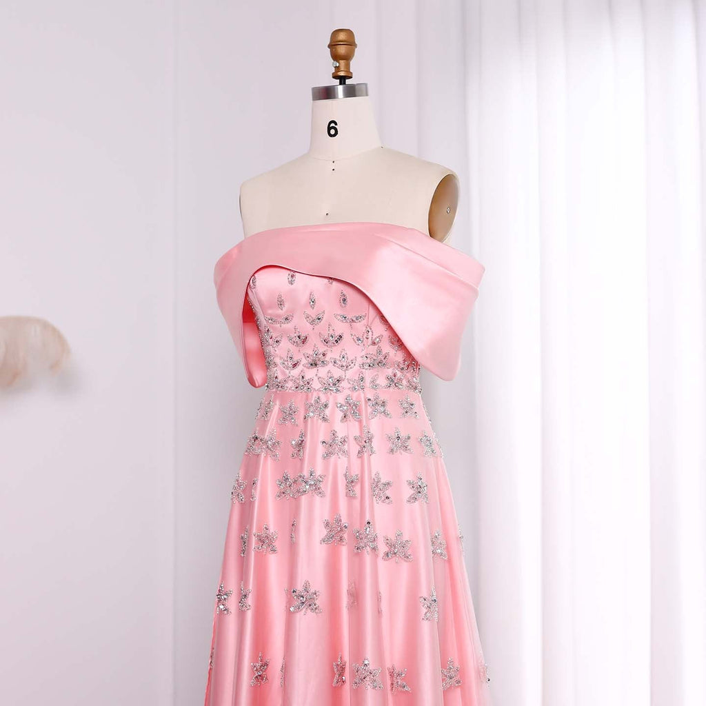 Elegant Beaded Yellow Satin Evening Dress with Cape SS455