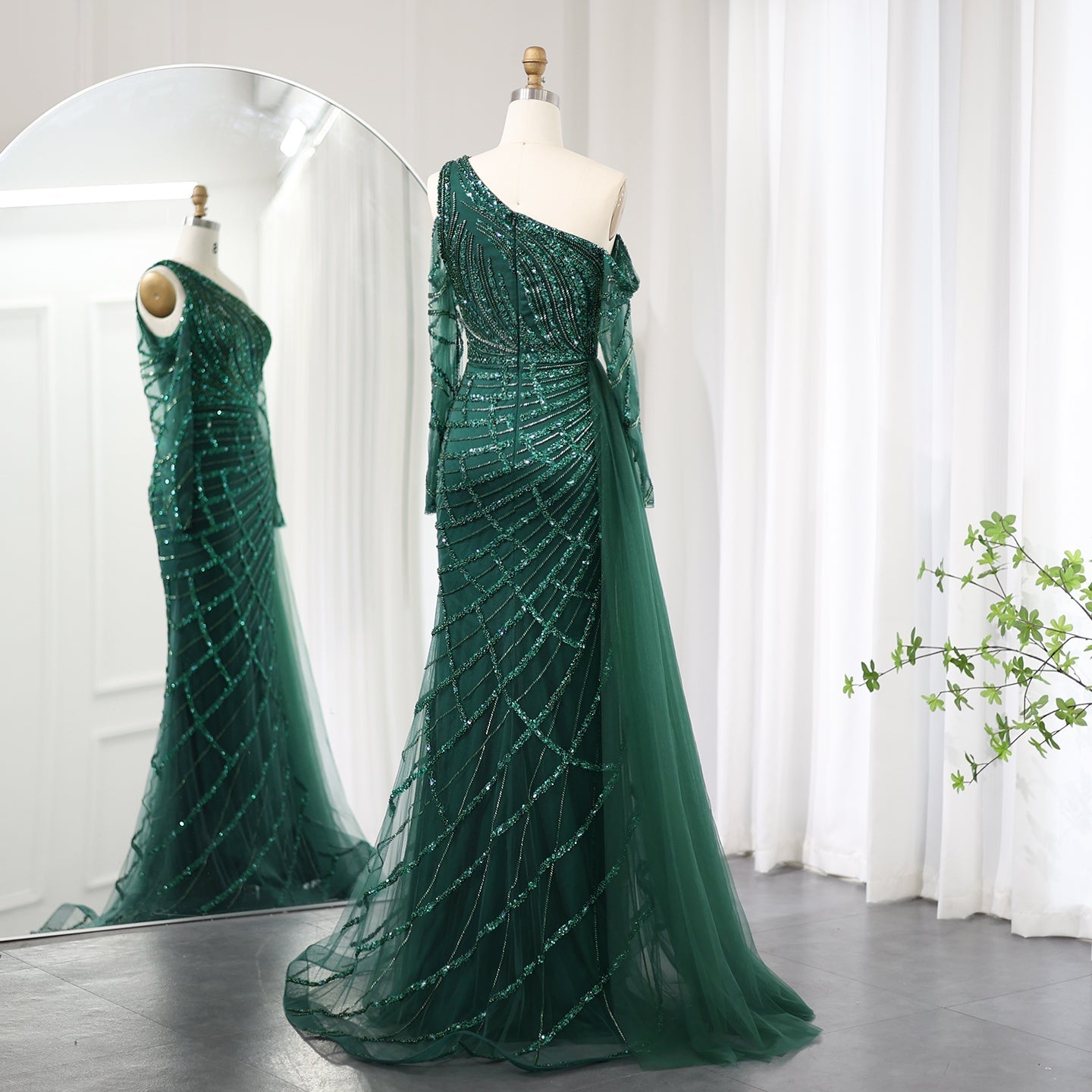 Elegant Emerald Green Mermaid Evening Dress with Overskirt SS197