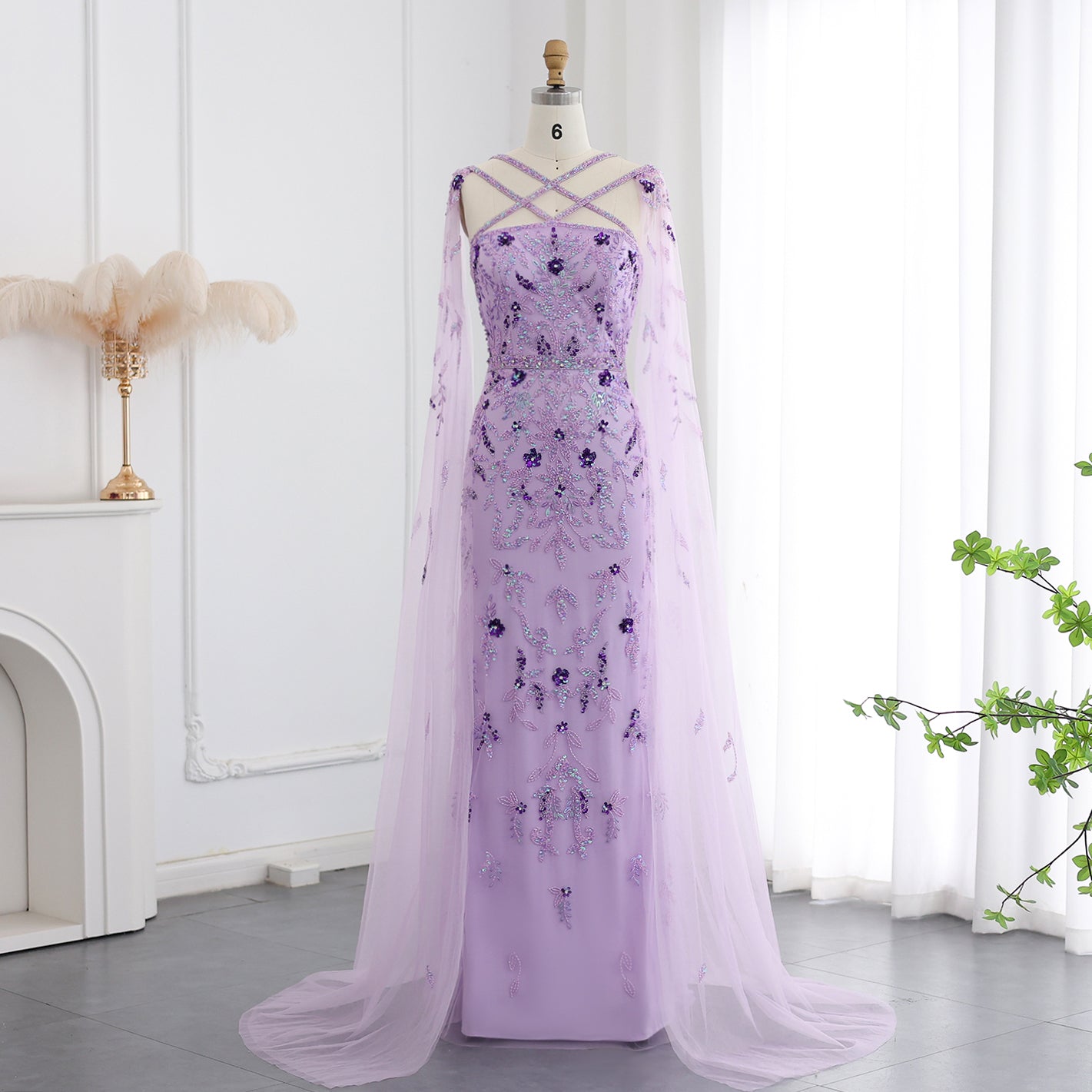 Luxury Lilac Criss Cross Evening Dress with Cape Sleeves SS370