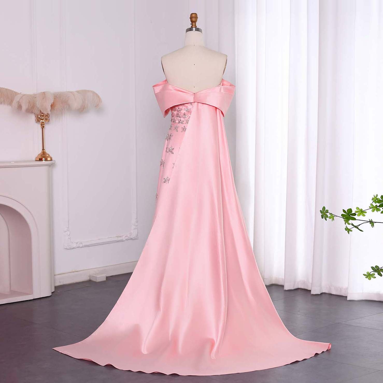 Elegant Beaded Yellow Satin Evening Dress with Cape SS455