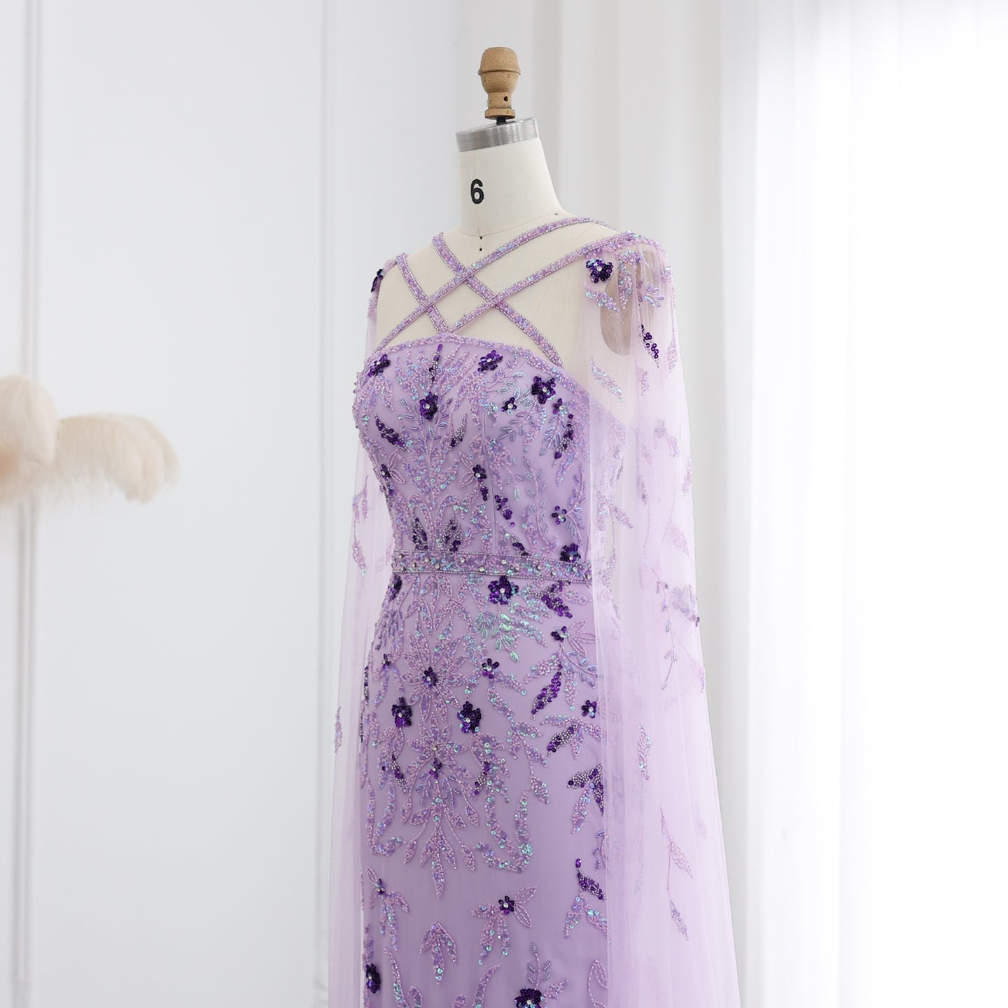 Luxury Lilac Criss Cross Evening Dress with Cape Sleeves SS370