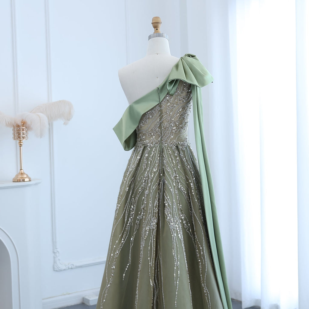 Luxury Olive Green One Shoulder Evening Dress with Cape Sleeves SS323