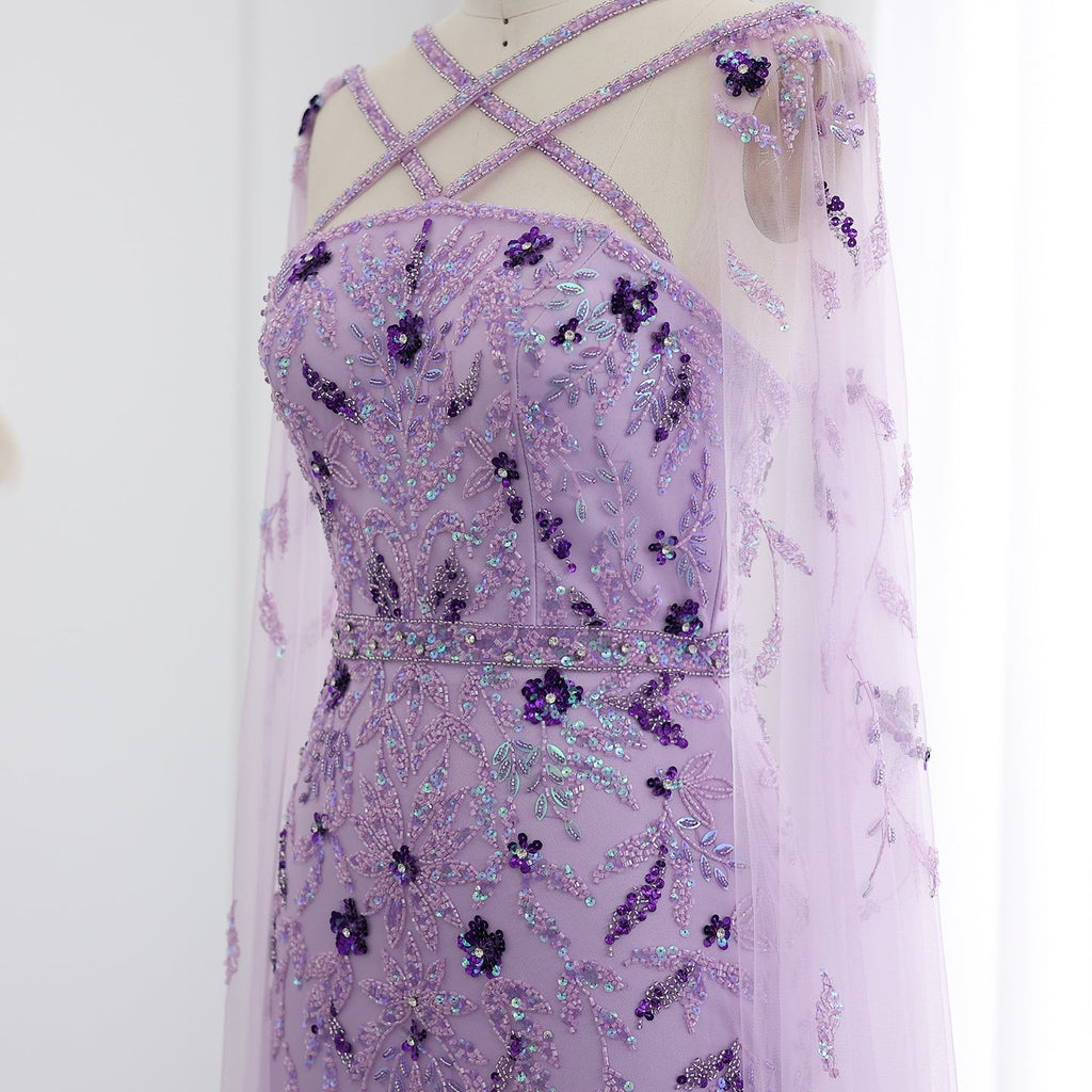 Luxury Lilac Criss Cross Evening Dress with Cape Sleeves SS370