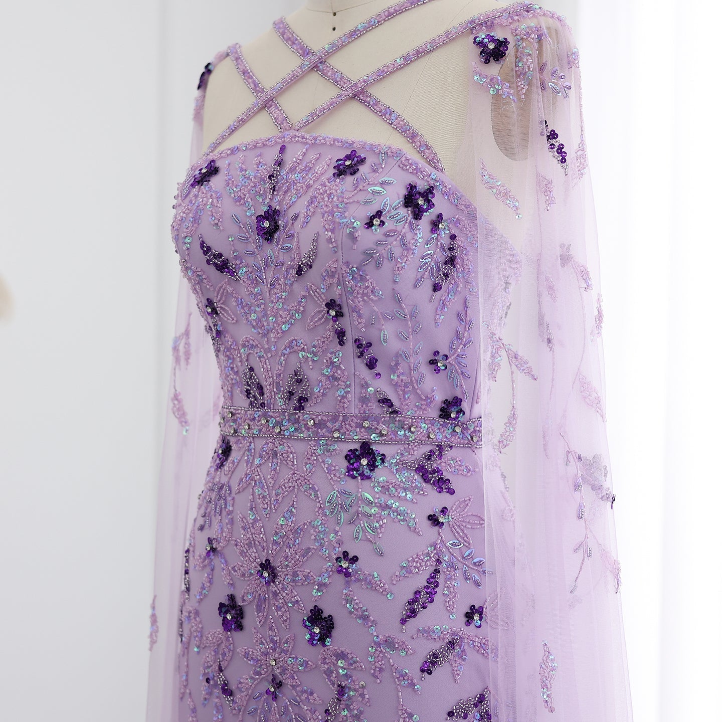 Luxury Lilac Criss Cross Evening Dress with Cape Sleeves SS370