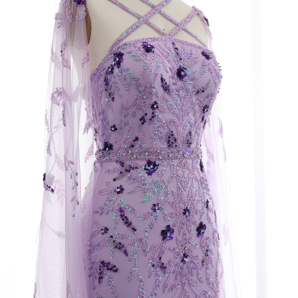 Luxury Lilac Criss Cross Evening Dress with Cape Sleeves SS370