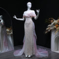 Elegant Blush Pink Draped Sequin Off-the-Shoulder Evening Dress SS519