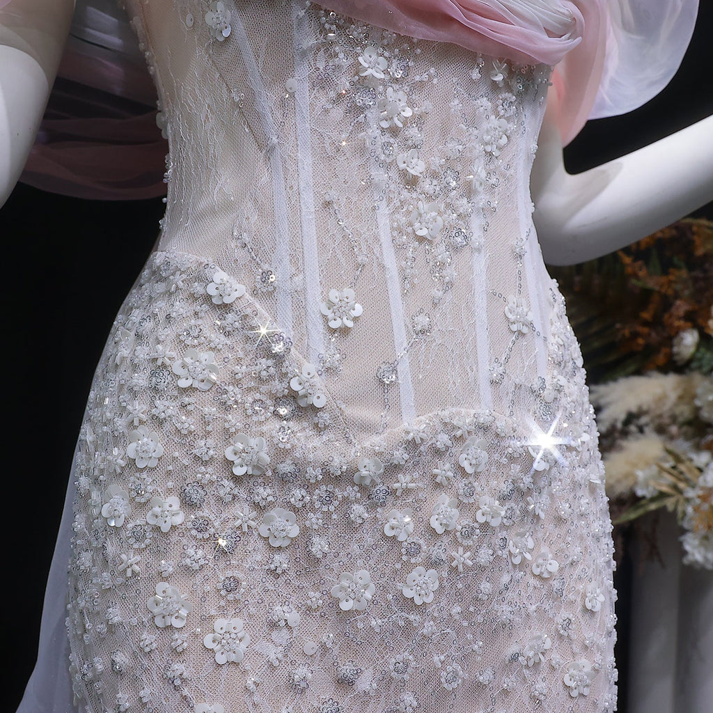 Elegant Blush Pink Draped Sequin Off-the-Shoulder Evening Dress SS519
