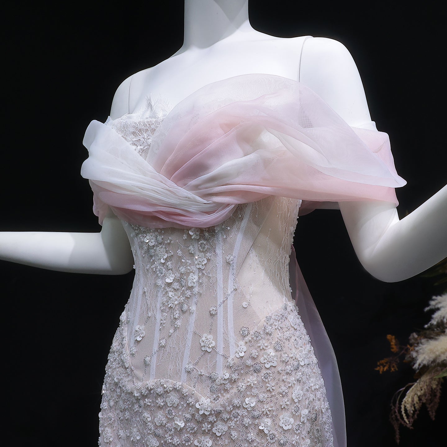 Elegant Blush Pink Draped Sequin Off-the-Shoulder Evening Dress SS519