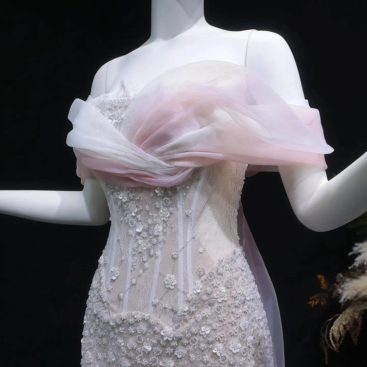 Glamorous Blush Pink Off-the-Shoulder Draped Sequin Evening Dress SS519