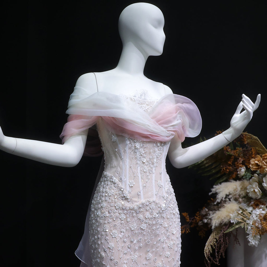 Elegant Blush Pink Draped Sequin Off-the-Shoulder Evening Dress SS519