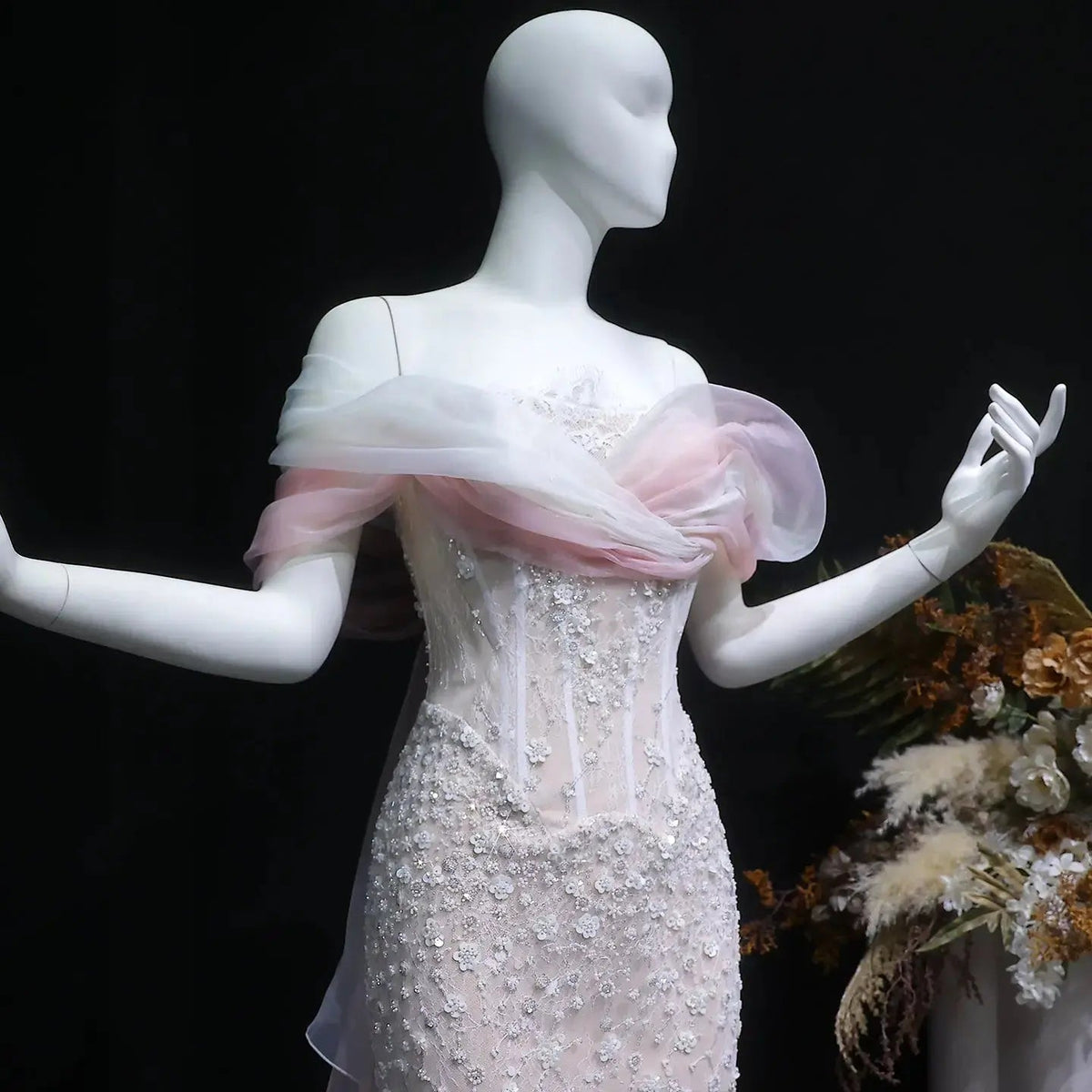 Glamorous Blush Pink Off-the-Shoulder Draped Sequin Evening Dress SS519