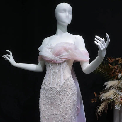 Glamorous Blush Pink Off-the-Shoulder Draped Sequin Evening Dress SS519