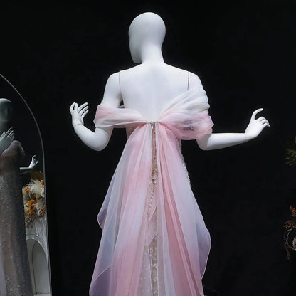 Glamorous Blush Pink Off-the-Shoulder Draped Sequin Evening Dress SS519