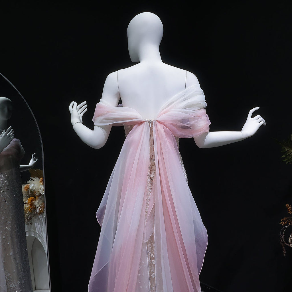 Elegant Blush Pink Draped Sequin Off-the-Shoulder Evening Dress SS519