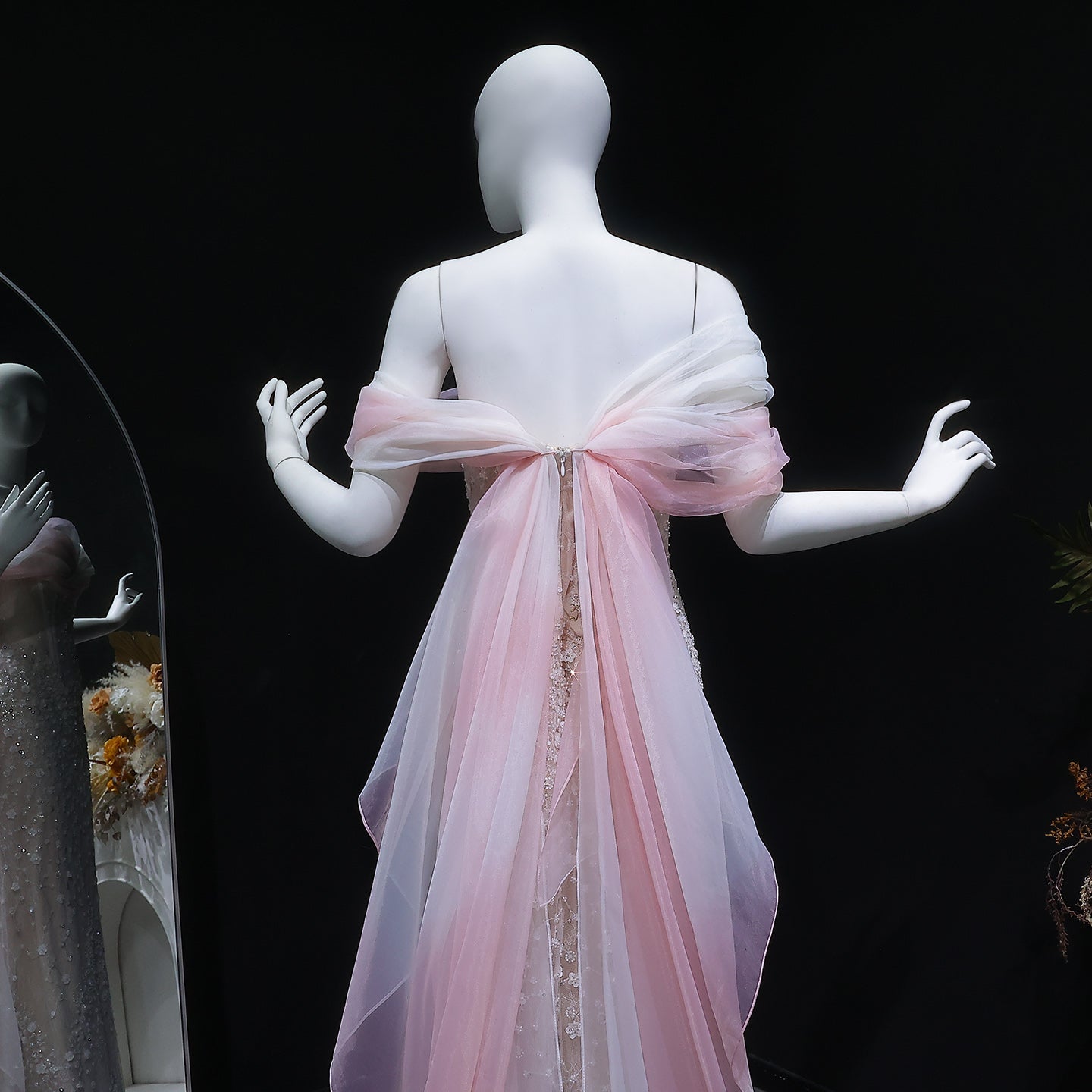 Elegant Blush Pink Draped Sequin Off-the-Shoulder Evening Dress SS519