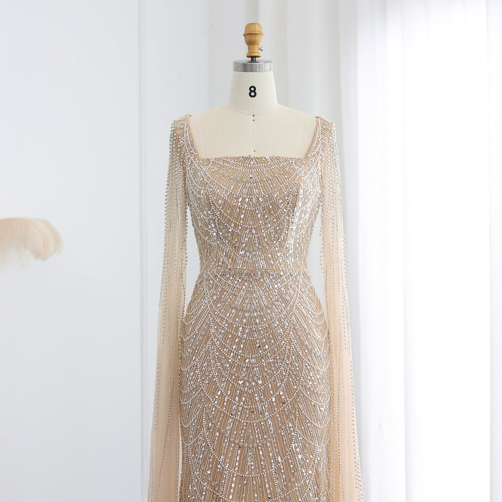 Luxury Beaded Blue Mermaid Evening Dress with Cape Sleeves SS690