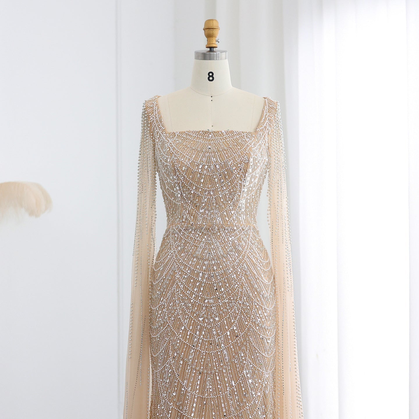 Luxury Beaded Blue Mermaid Evening Dress with Cape Sleeves SS690