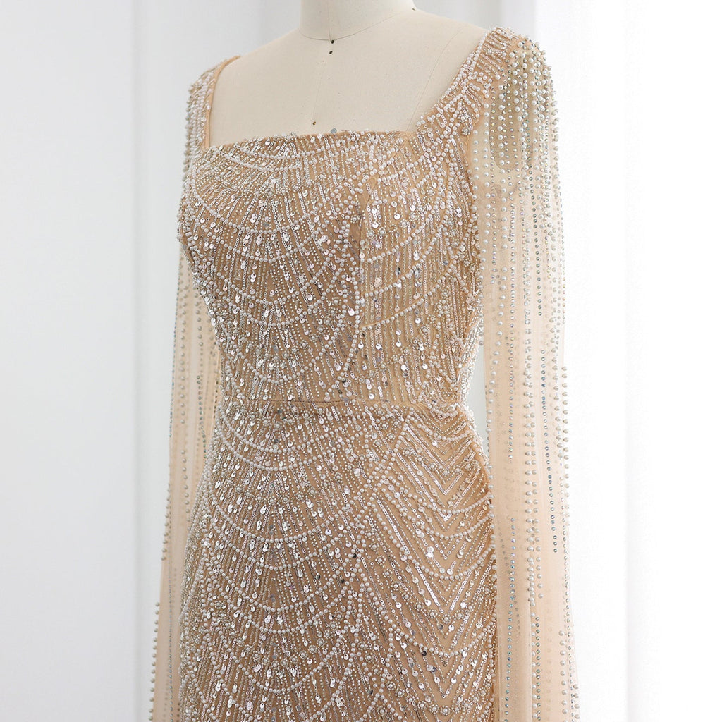 Luxury Beaded Blue Mermaid Evening Dress with Cape Sleeves SS690