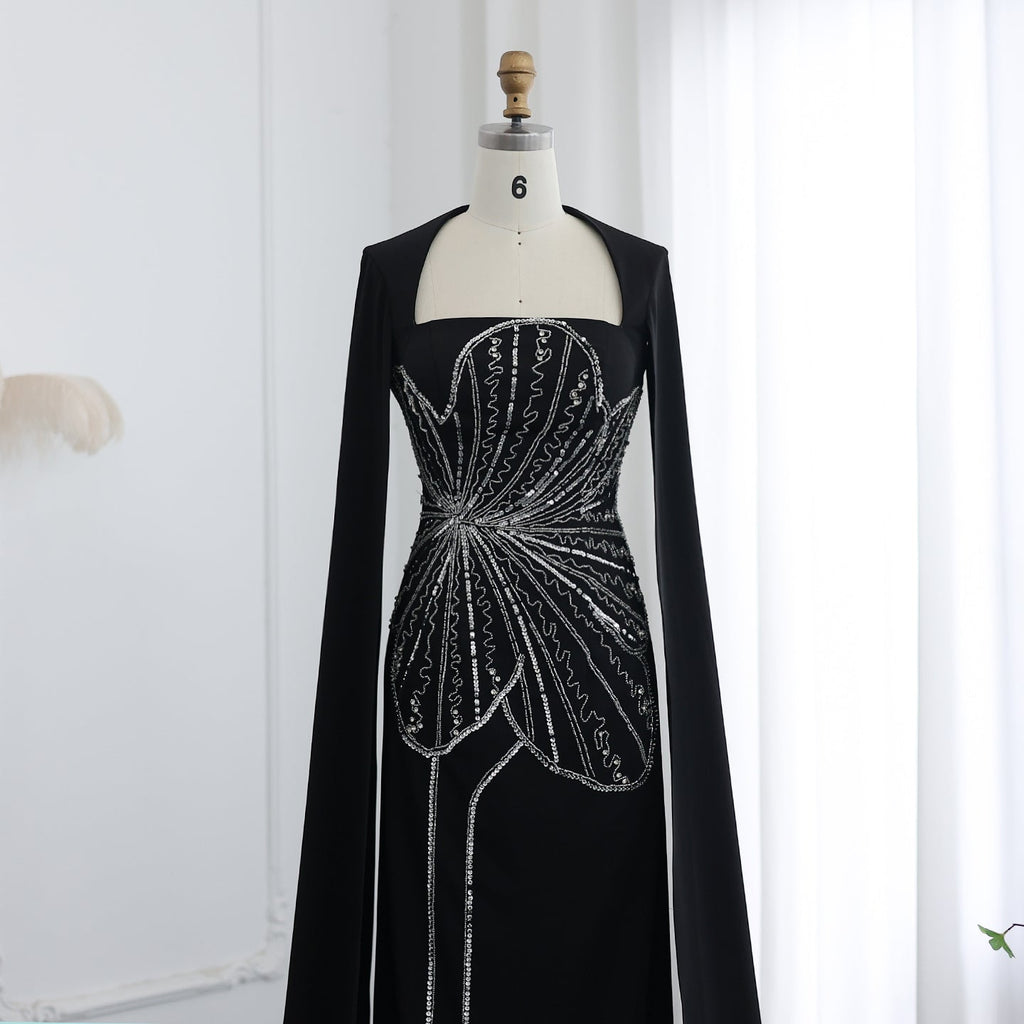 Elegant Beaded Black Long Evening Dress with Cape Sleeves SS275