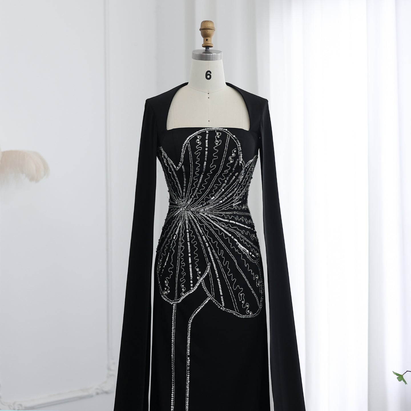 Elegant Beaded Black Long Evening Dress with Cape Sleeves SS275