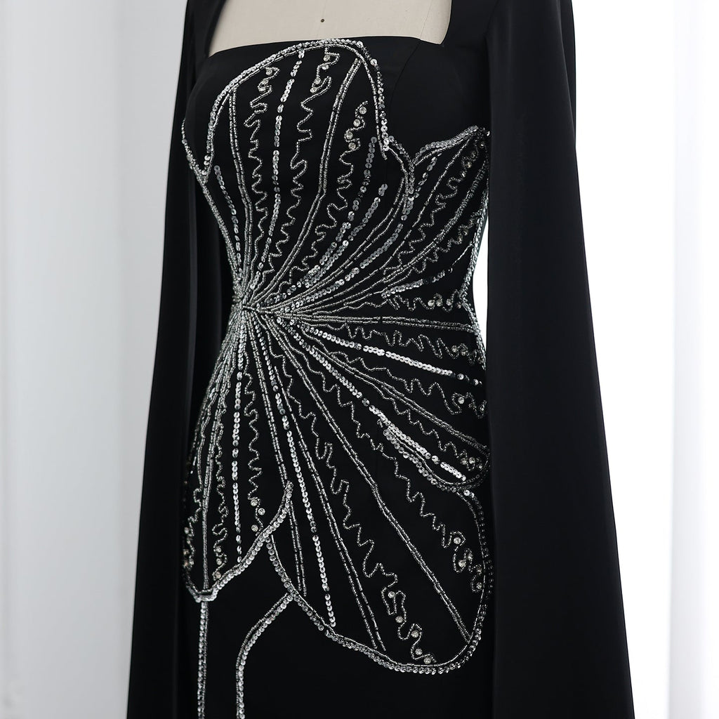 Elegant Beaded Black Long Evening Dress with Cape Sleeves SS275