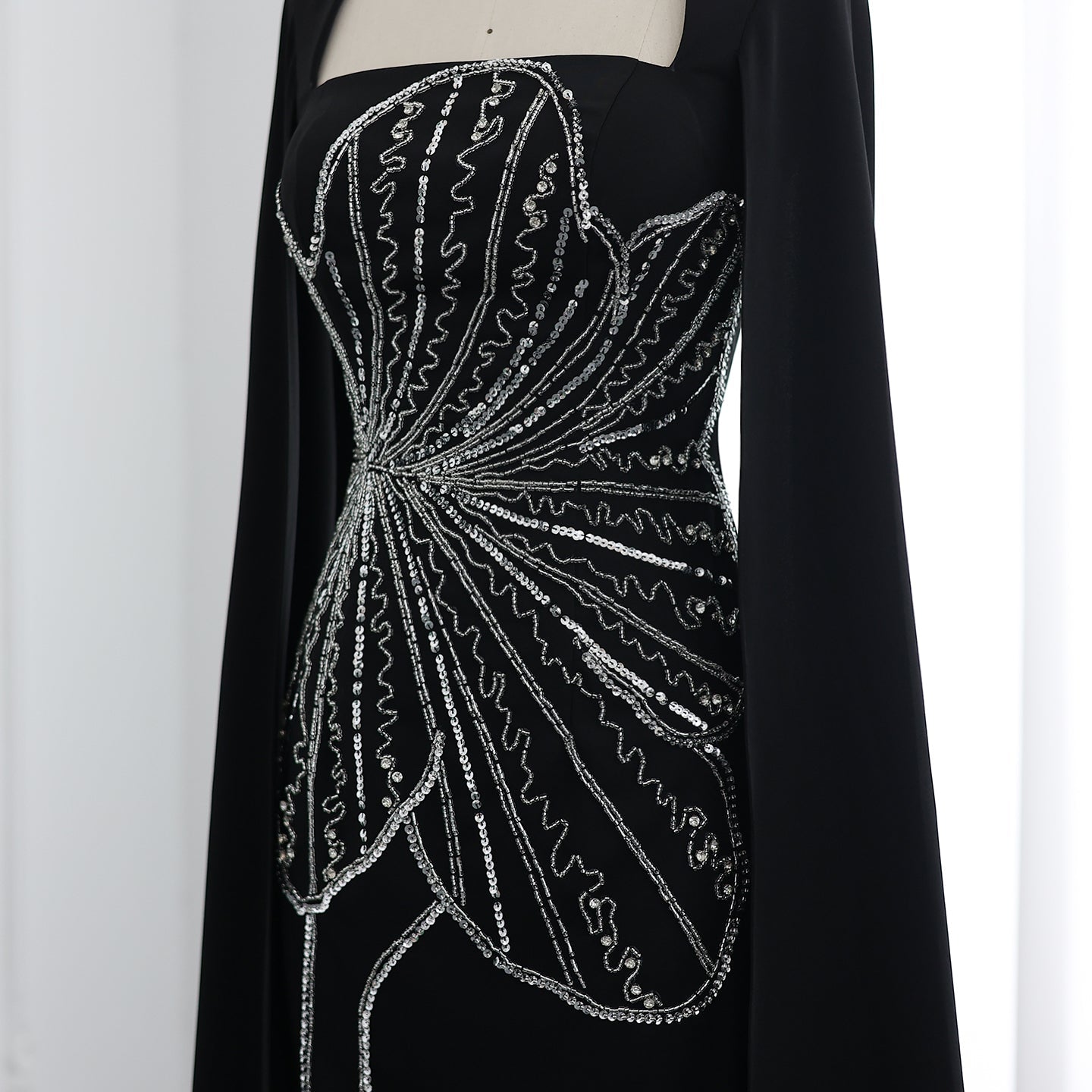 Elegant Beaded Black Long Evening Dress with Cape Sleeves SS275