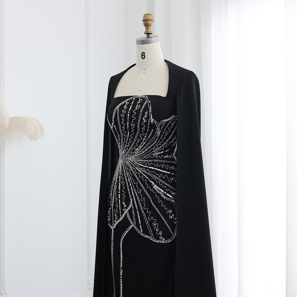 Elegant Beaded Black Long Evening Dress with Cape Sleeves SS275