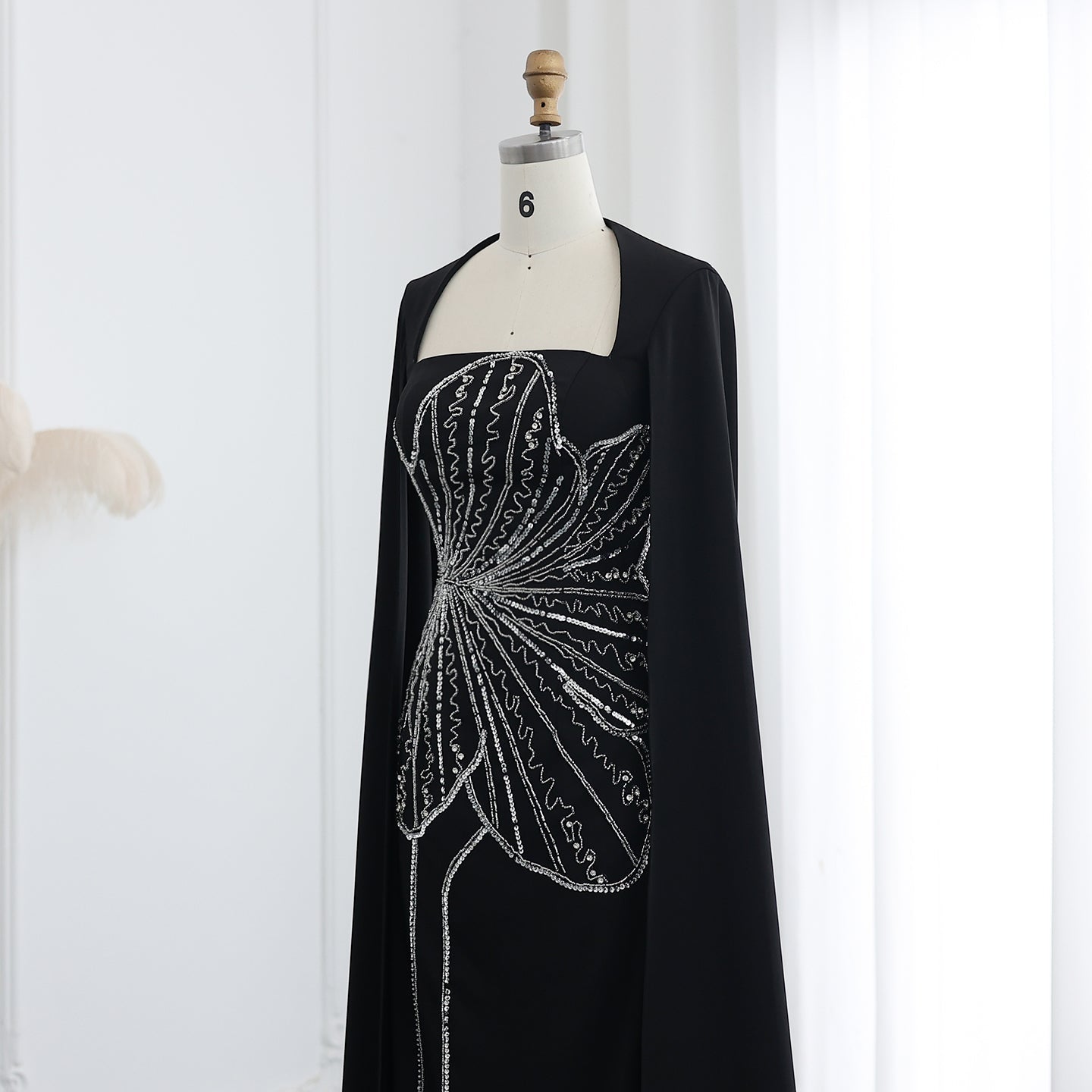 Elegant Beaded Black Long Evening Dress with Cape Sleeves SS275