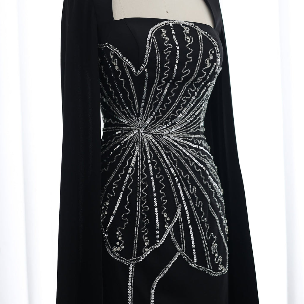 Elegant Beaded Black Long Evening Dress with Cape Sleeves SS275