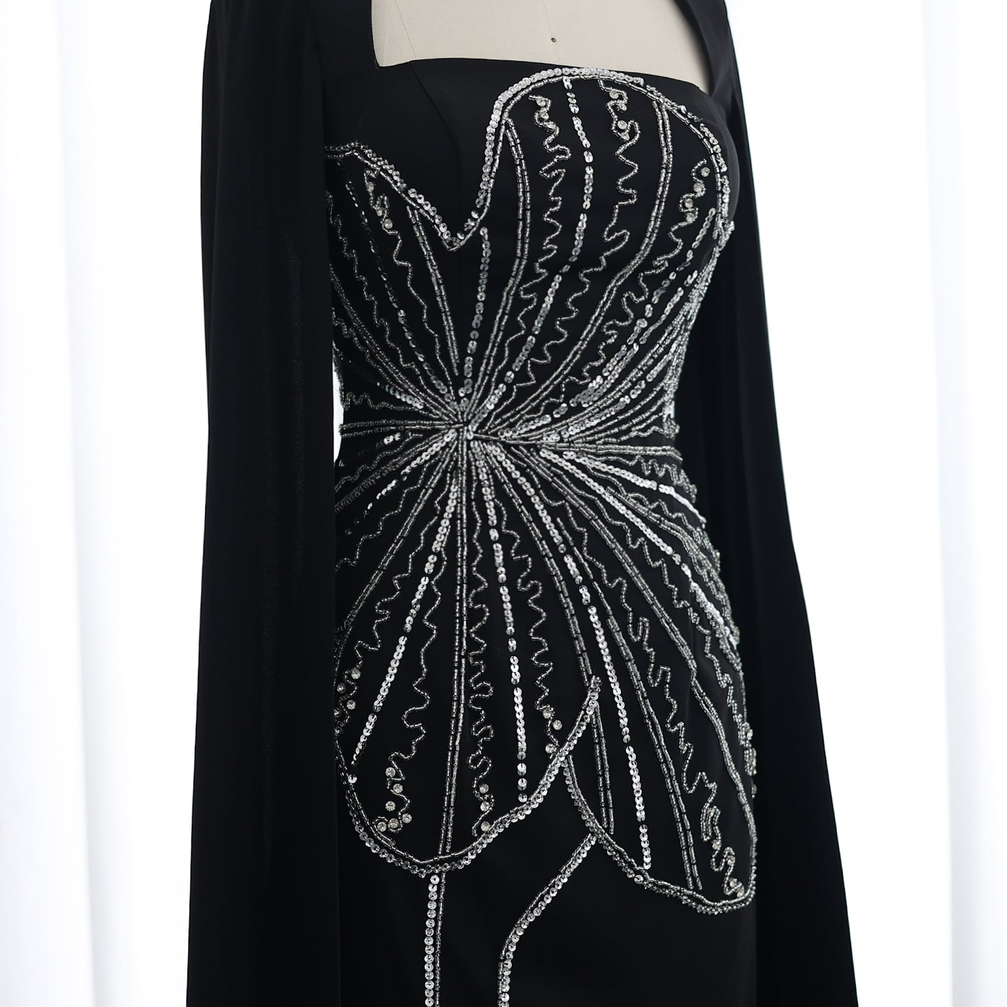 Elegant Beaded Black Long Evening Dress with Cape Sleeves SS275