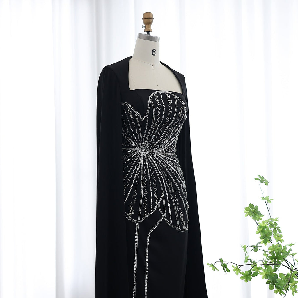 Elegant Beaded Black Long Evening Dress with Cape Sleeves SS275