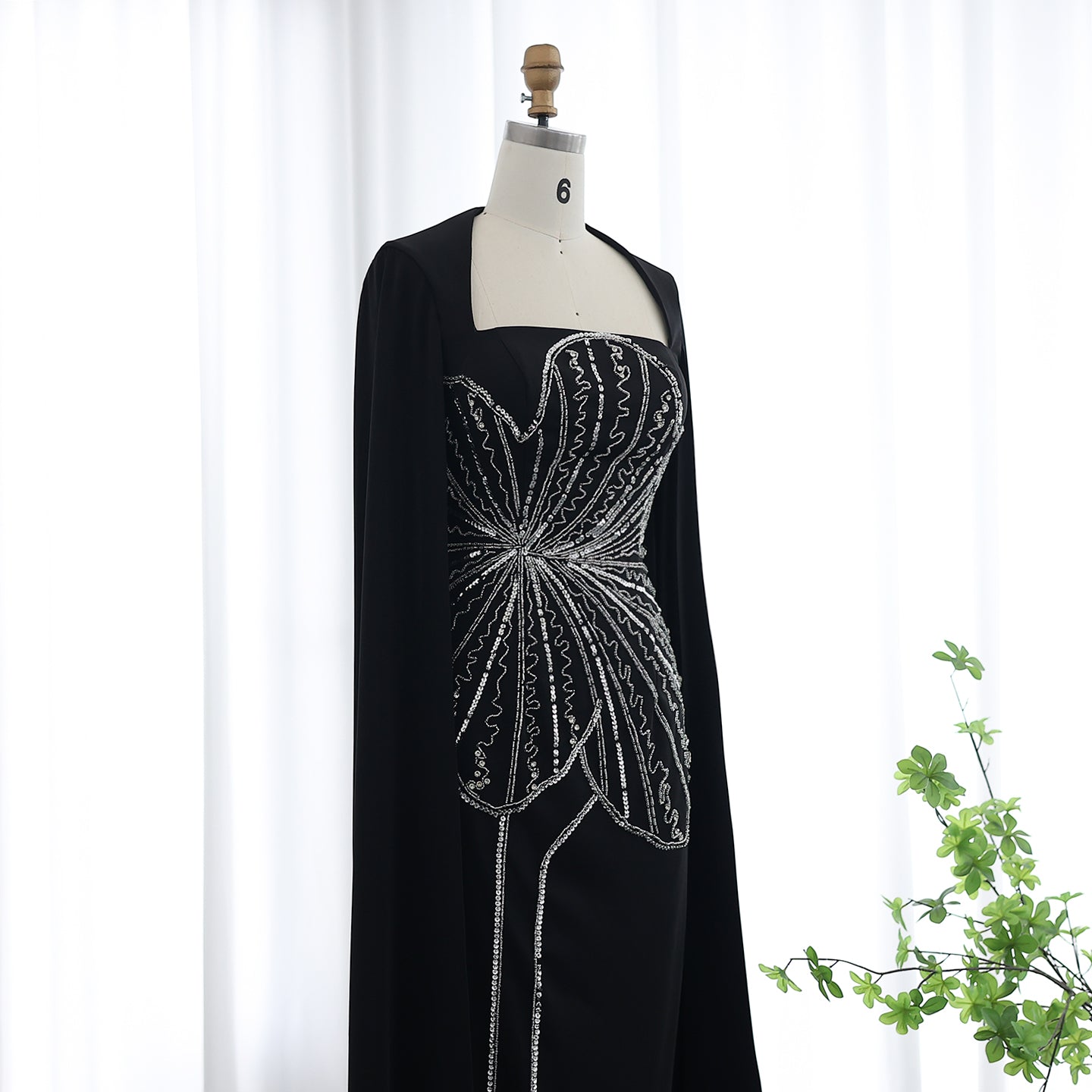 Elegant Beaded Black Long Evening Dress with Cape Sleeves SS275
