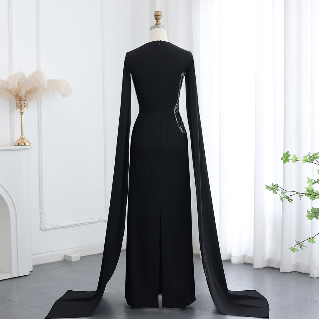 Elegant Beaded Black Long Evening Dress with Cape Sleeves SS275