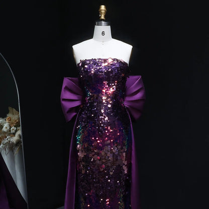 Luxury Purple Sequin Evening Dress with Oversized Satin Sleeves SF039