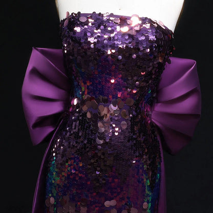 Luxury Purple Sequin Evening Dress with Oversized Satin Sleeves SF039