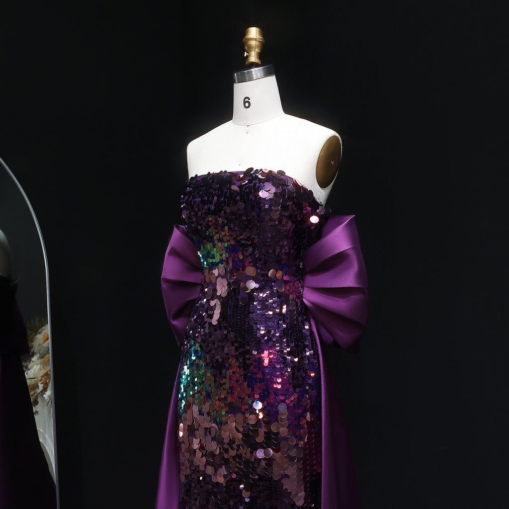 Luxury Purple Sequin Evening Dress with Big Bow and Train SF039