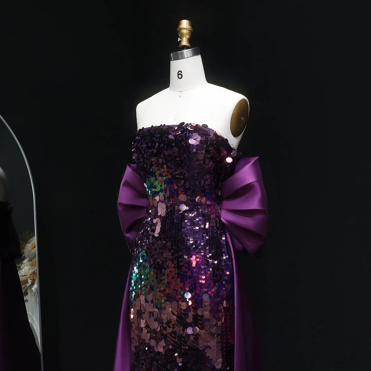 Luxury Purple Sequin Evening Dress with Oversized Satin Sleeves SF039